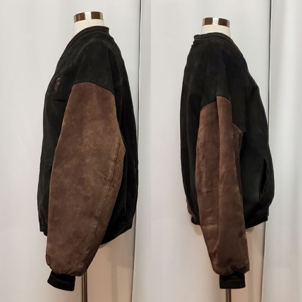 Vintage 90s y2k 2 Tone Black Brown Suede Leather Kenworth Truck Bomber Jacket Lg - Picture 2 of 12